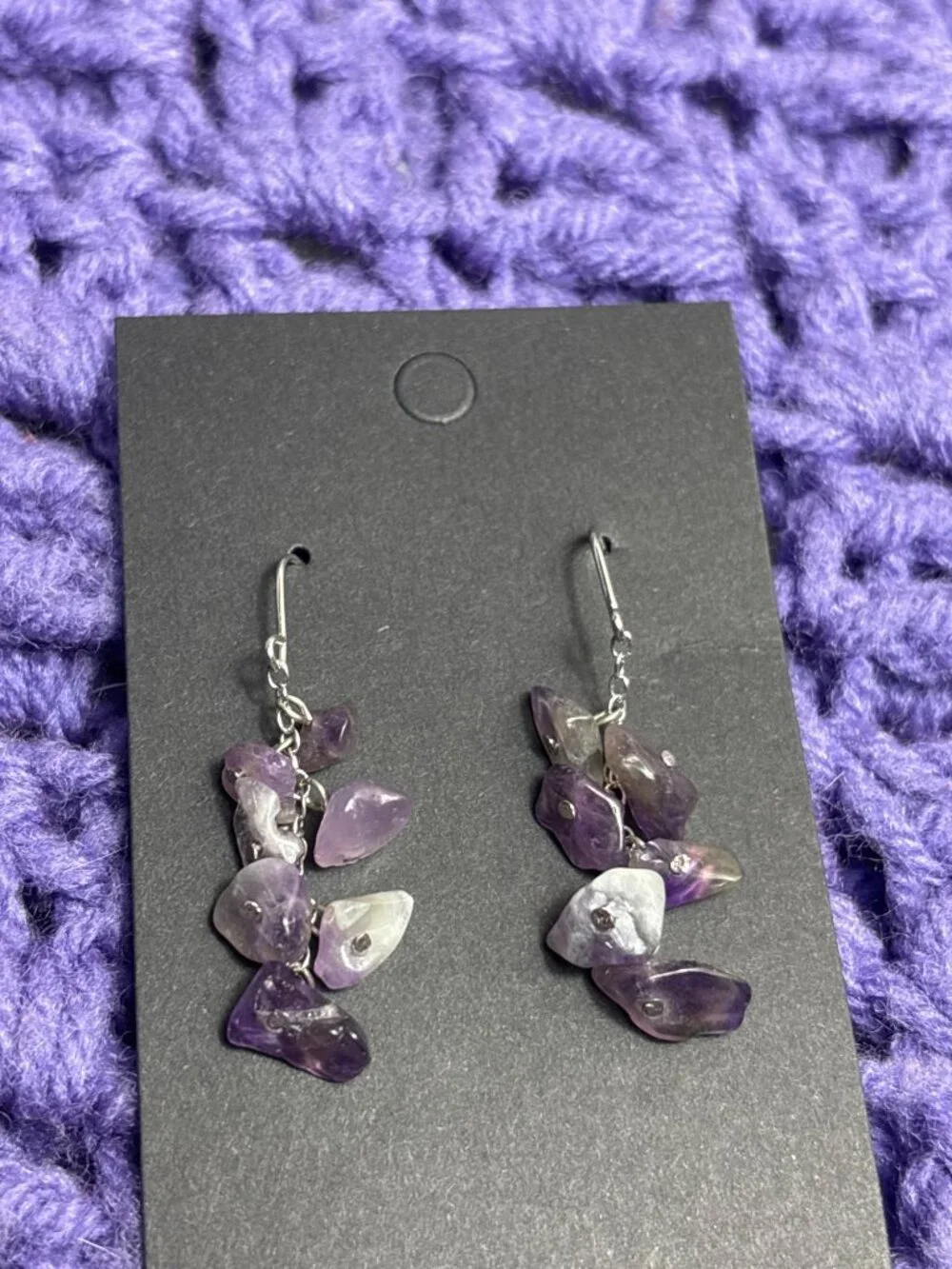 Amethyst Stone Chip Beaded Silvertone Chain Dangle Earrings 1.25 inches